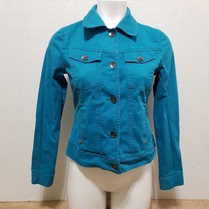 209 jacket 4 button up front rivet tonal embroidery detailing pockets stretch